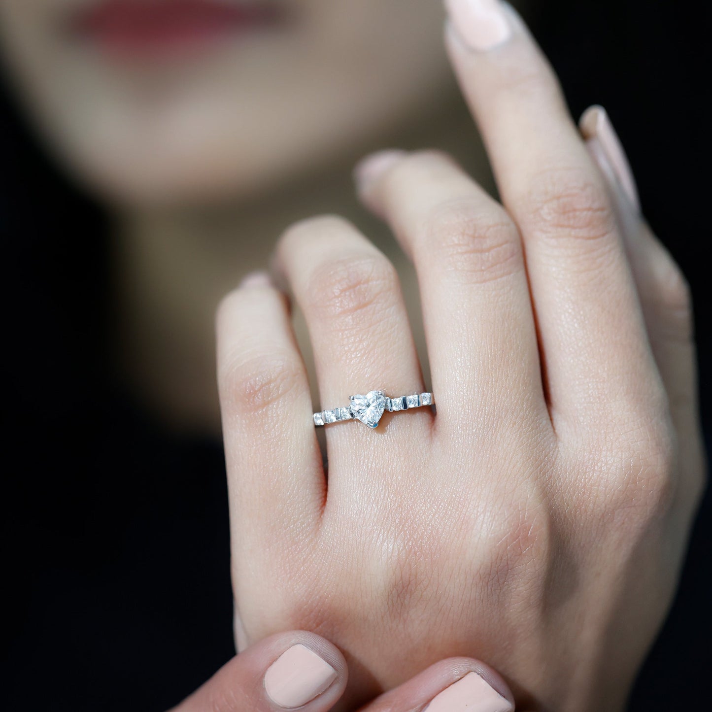Certified 5 MM Moissanite Heart Engagement Ring with Side Stones