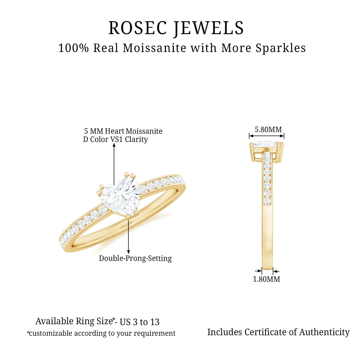 Solitaire Moissanite Heart Promise Ring with Side Stones