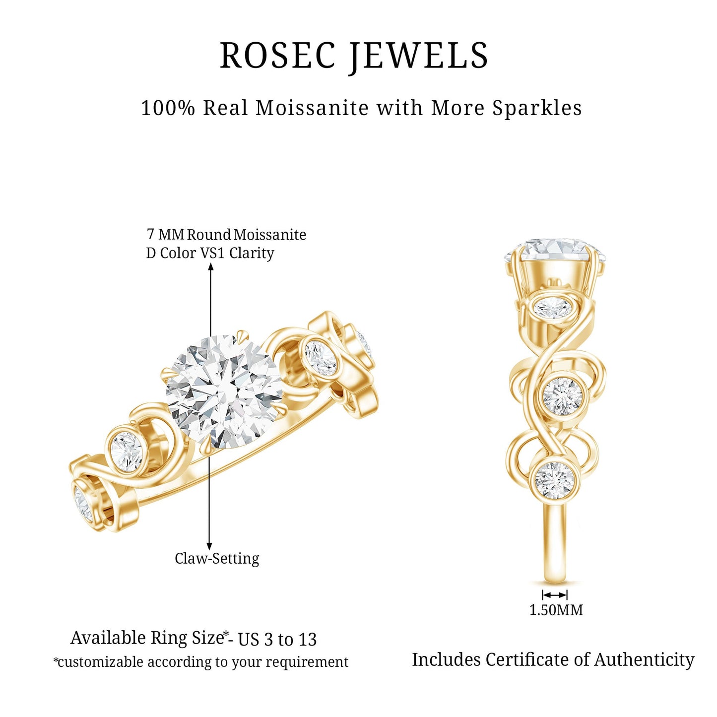 Certified Moissanite Engagement Ring with Ivy Scroll Shank