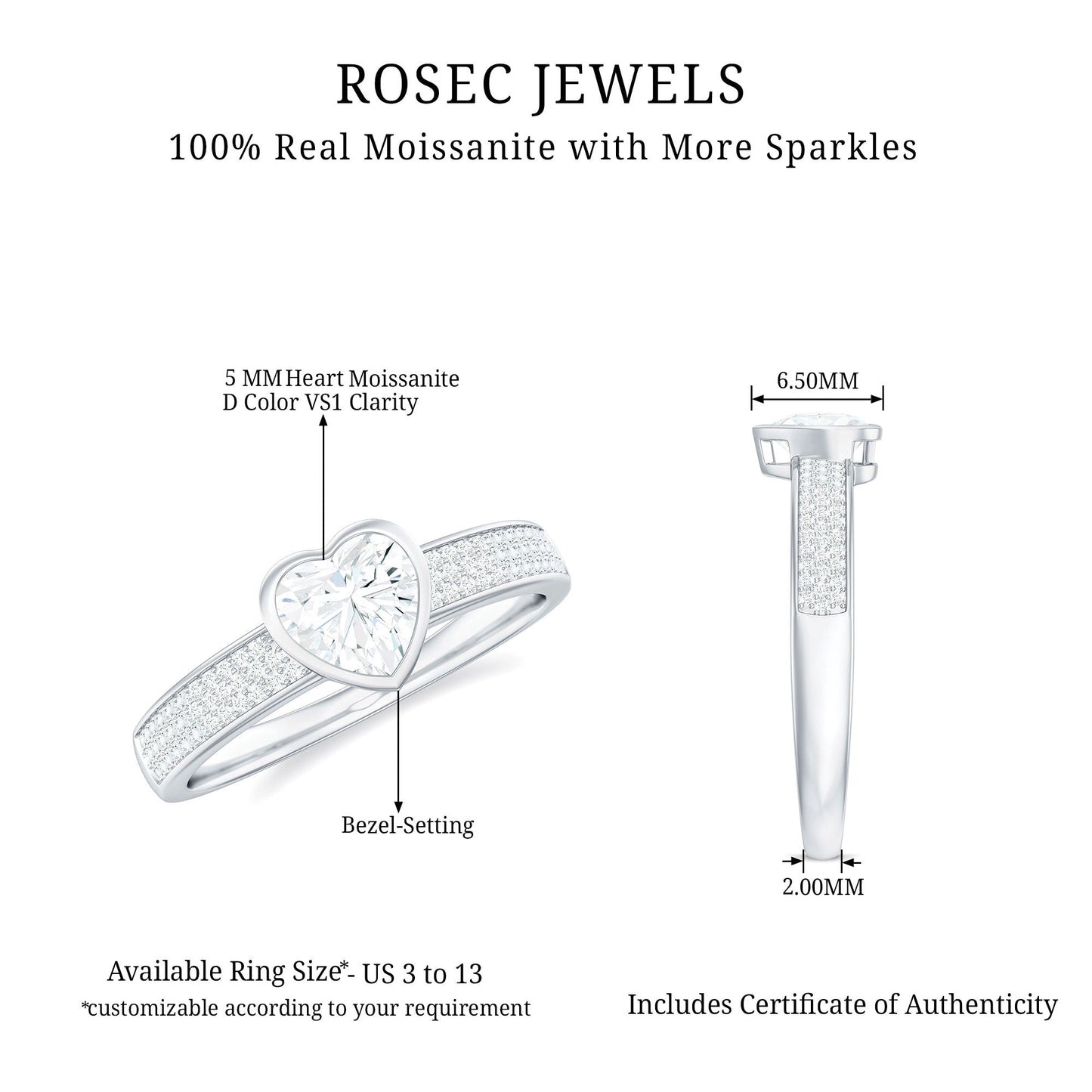 Bezel Set Moissanite Heart Shaped Engagement Ring with Side Stones
