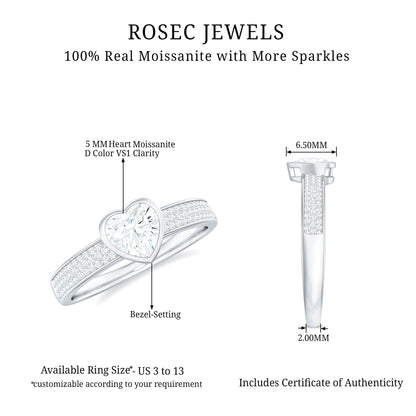 Bezel Set Moissanite Heart Shaped Engagement Ring with Side Stones
