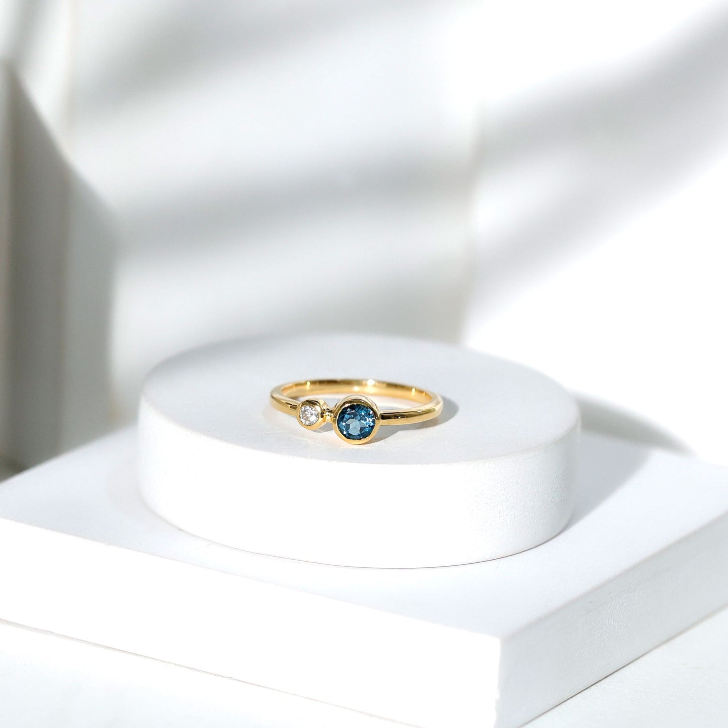 Round London Blue Topaz and Lab Diamond Two Stone Promise Ring For Her