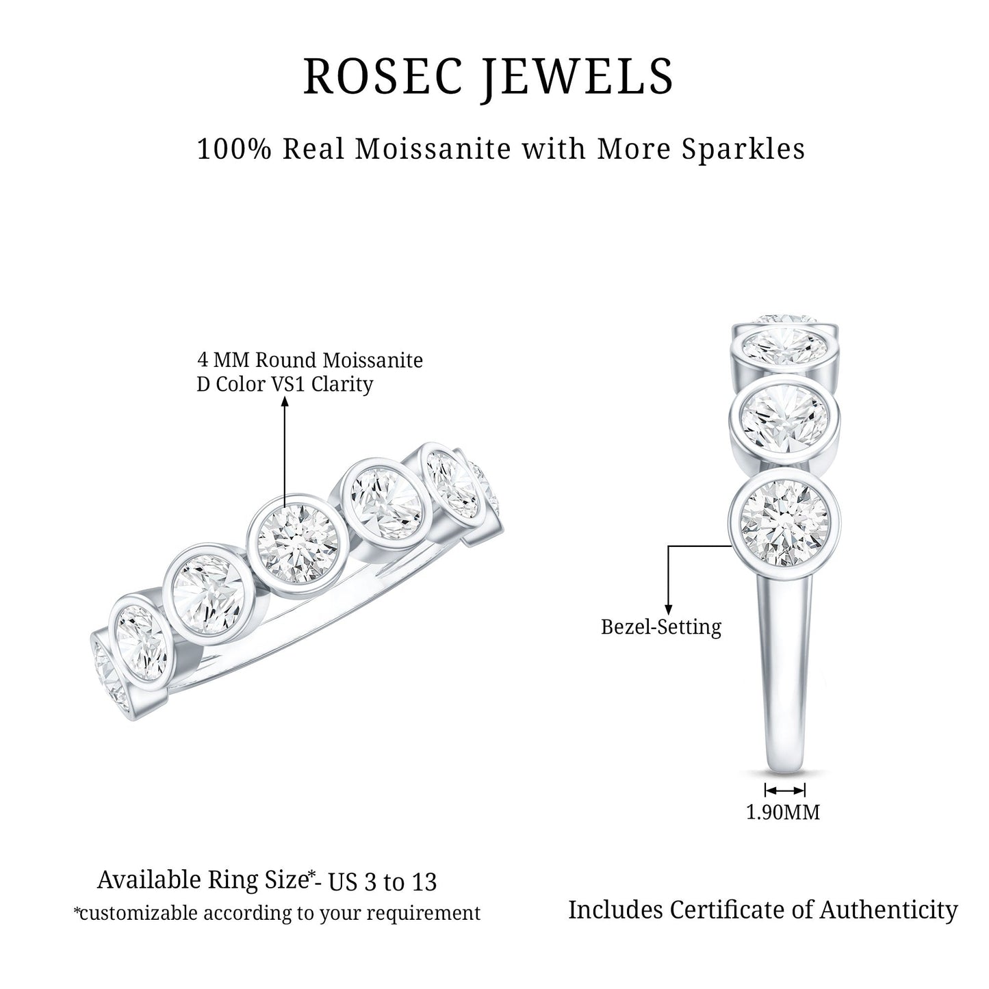 Round Moissanite Half Eternity Ring in Bezel Setting