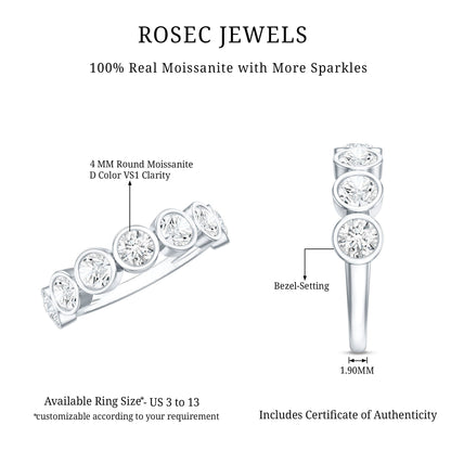 Round Moissanite Half Eternity Ring in Bezel Setting
