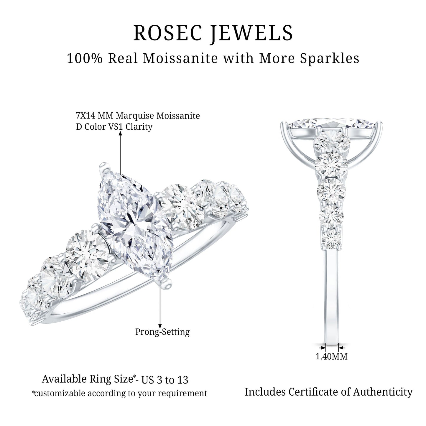 Marquise Cut Moissanite Engagement Ring with Side Stones