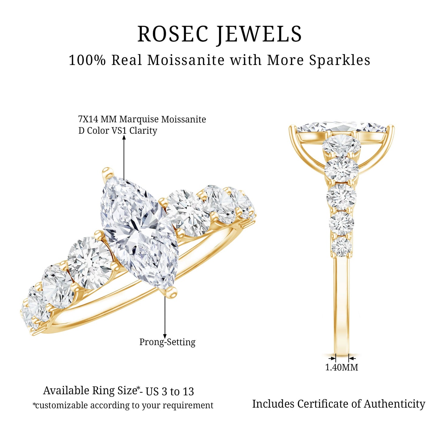 Marquise Cut Moissanite Engagement Ring with Side Stones