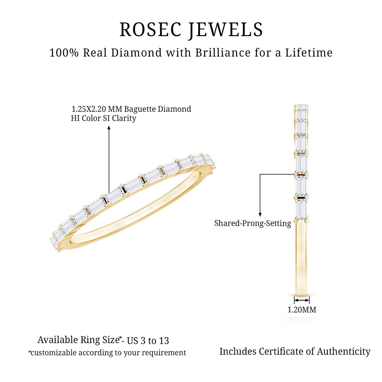 Baguette Cut Diamond Stackable Ring in Shared Prong Setting