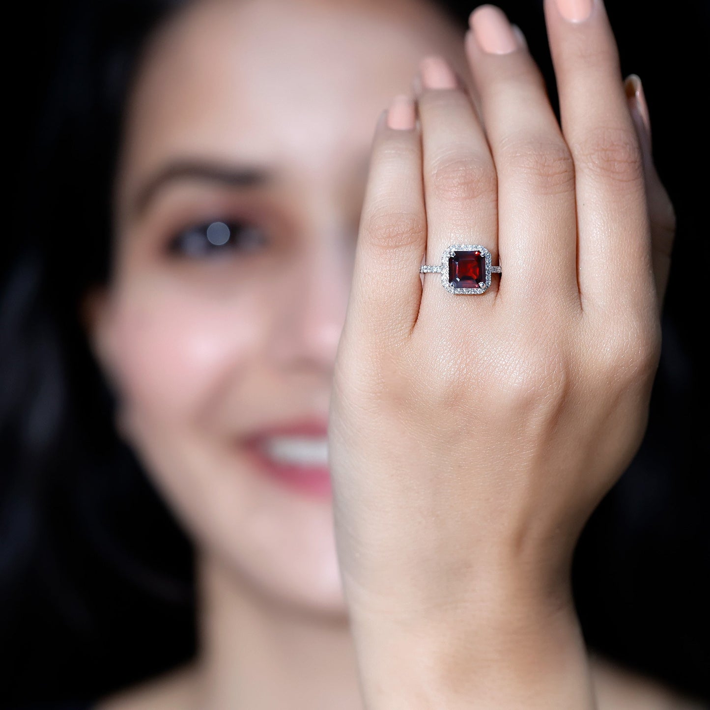 Natural 3.3 Carat Garnet Asscher Cut Engagement Ring with Diamond Halo