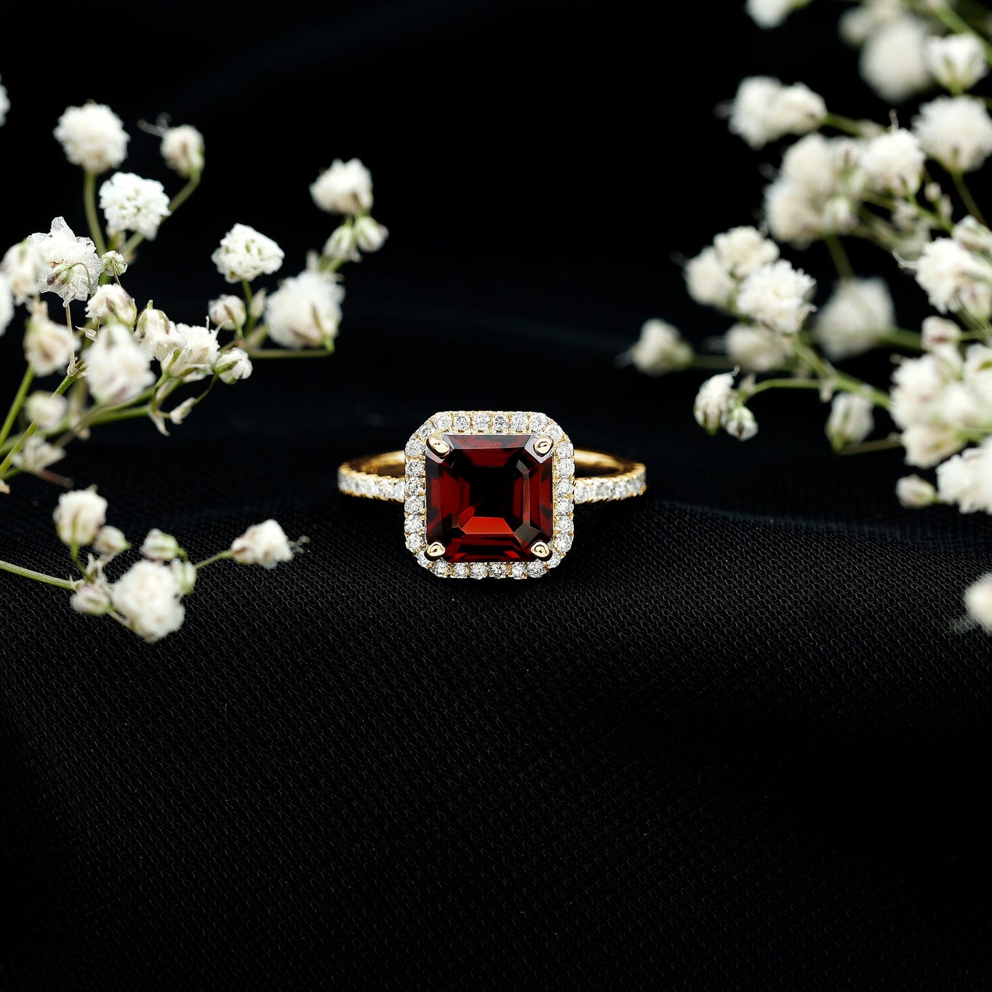 Natural 3.3 Carat Garnet Asscher Cut Engagement Ring with Diamond Halo