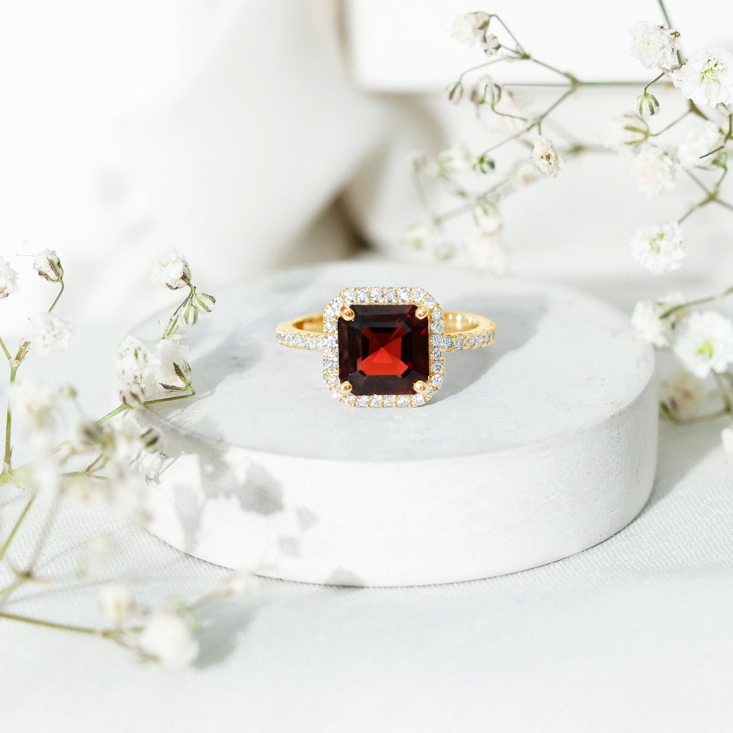 Natural 3.3 Carat Garnet Asscher Cut Engagement Ring with Diamond Halo