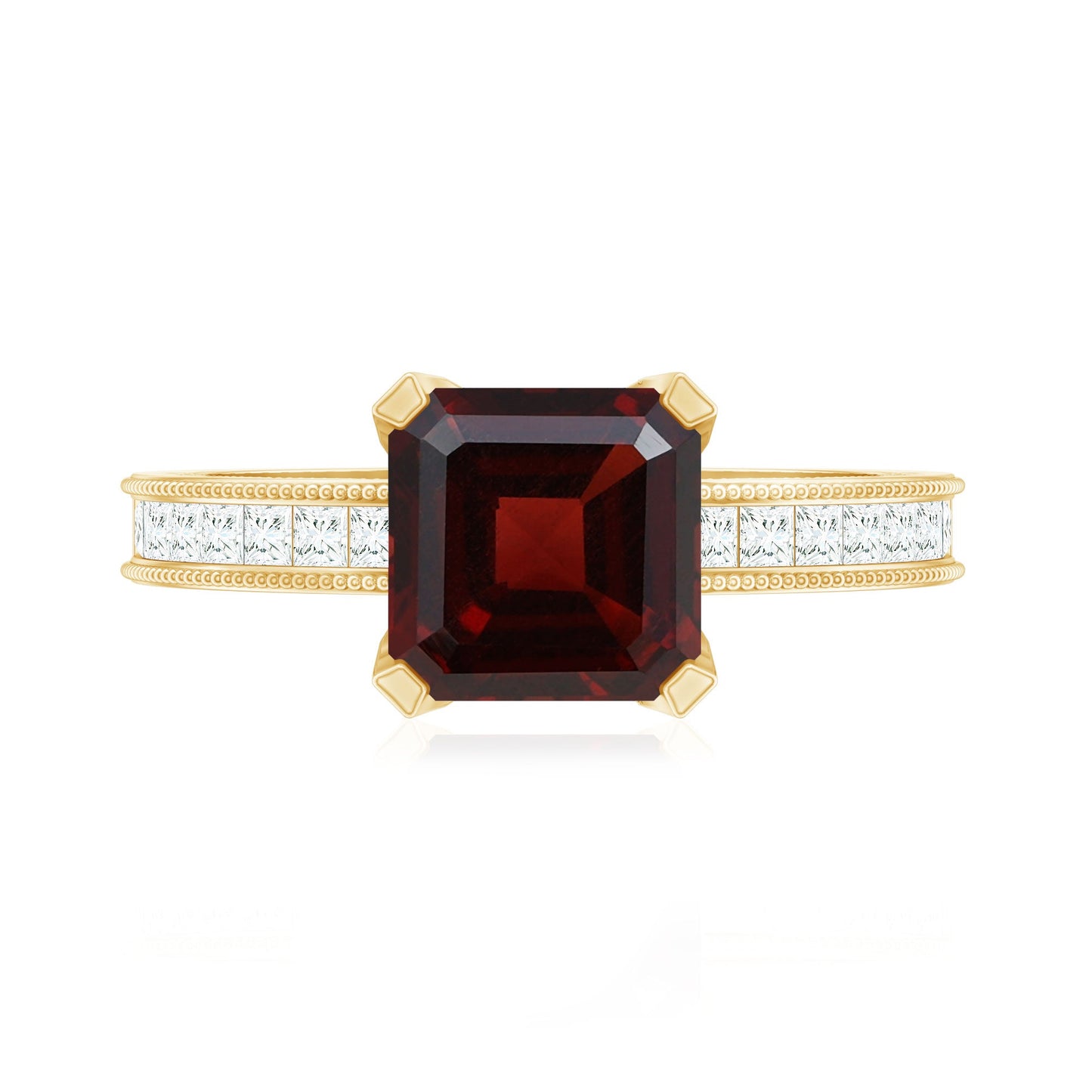 Natural 3.3 Carat Asscher Cut Garnet Engagement Ring with Diamond Side Stones