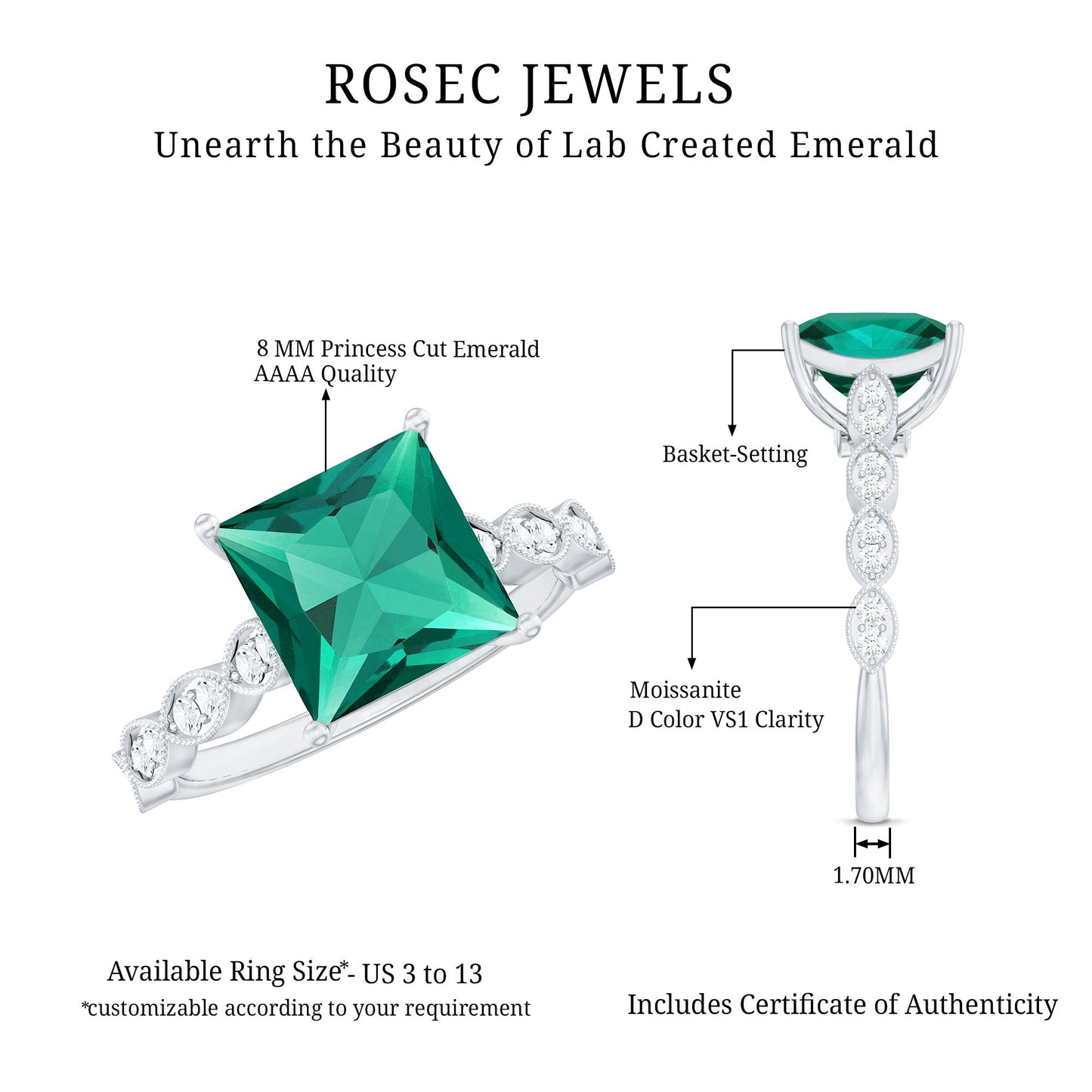 Certified 2.4 Carat Lab Grown Emerald Princess Cut Engagement Ring With Diamonds