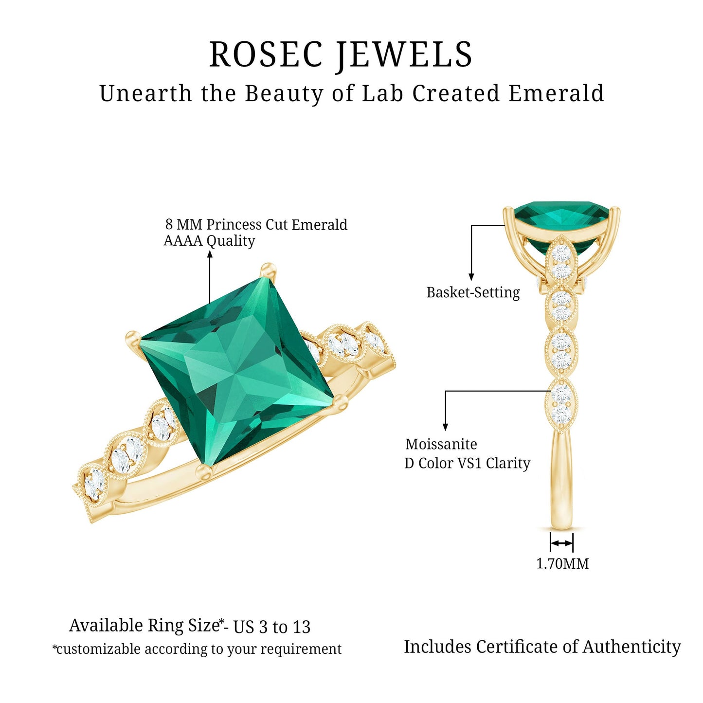 Certified 2.4 Carat Lab Grown Emerald Princess Cut Engagement Ring With Diamonds
