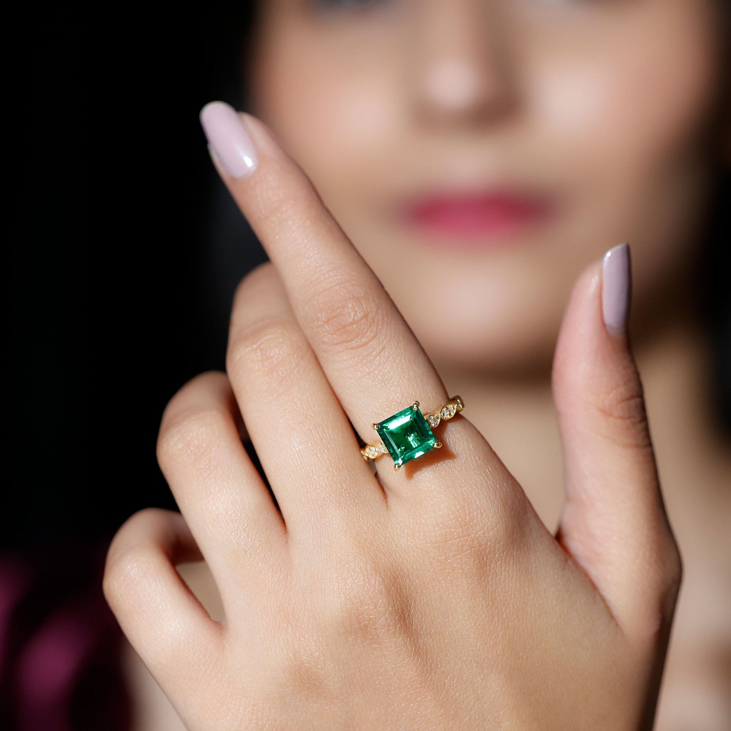 Certified 2.4 Carat Lab Grown Emerald Princess Cut Engagement Ring With Diamonds