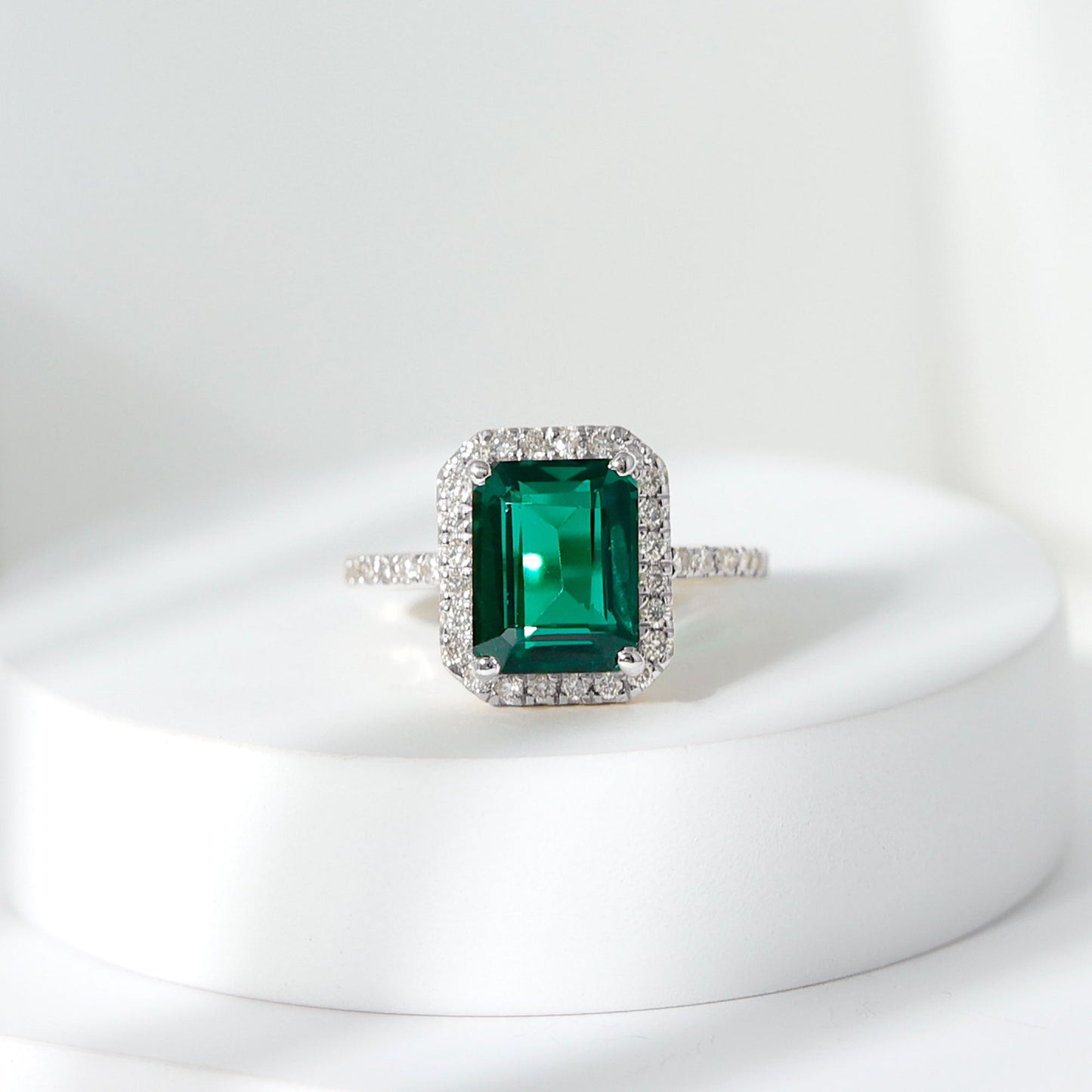 Octagon Cut Lab Grown Emerald Engagement Ring with Diamond