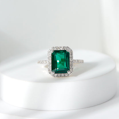 Octagon Cut Lab Grown Emerald Engagement Ring with Diamond