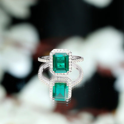 Octagon Cut Lab Grown Emerald Engagement Ring with Diamond