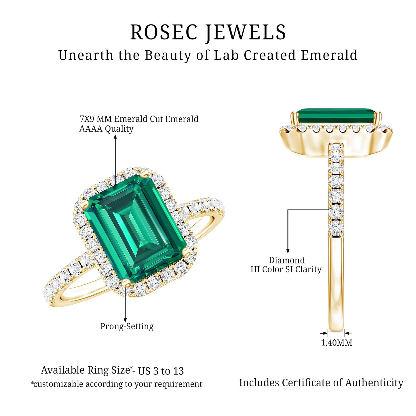 Octagon Cut Lab Grown Emerald Engagement Ring with Diamond