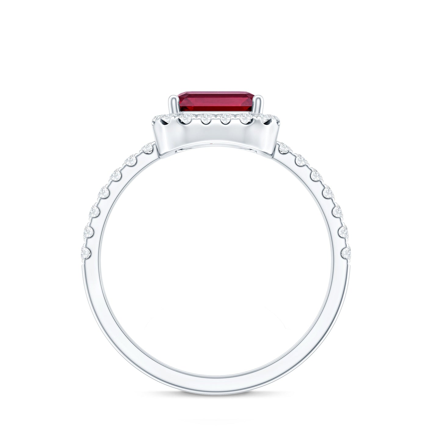 Lab Created Emerald Cut Ruby Engagement Ring with Diamond Halo