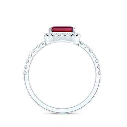 Lab Created Emerald Cut Ruby Engagement Ring with Diamond Halo