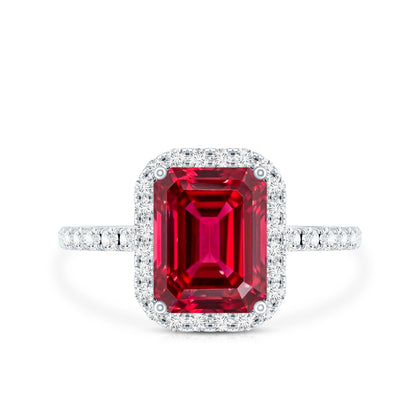 Lab Created Emerald Cut Ruby Engagement Ring with Diamond Halo