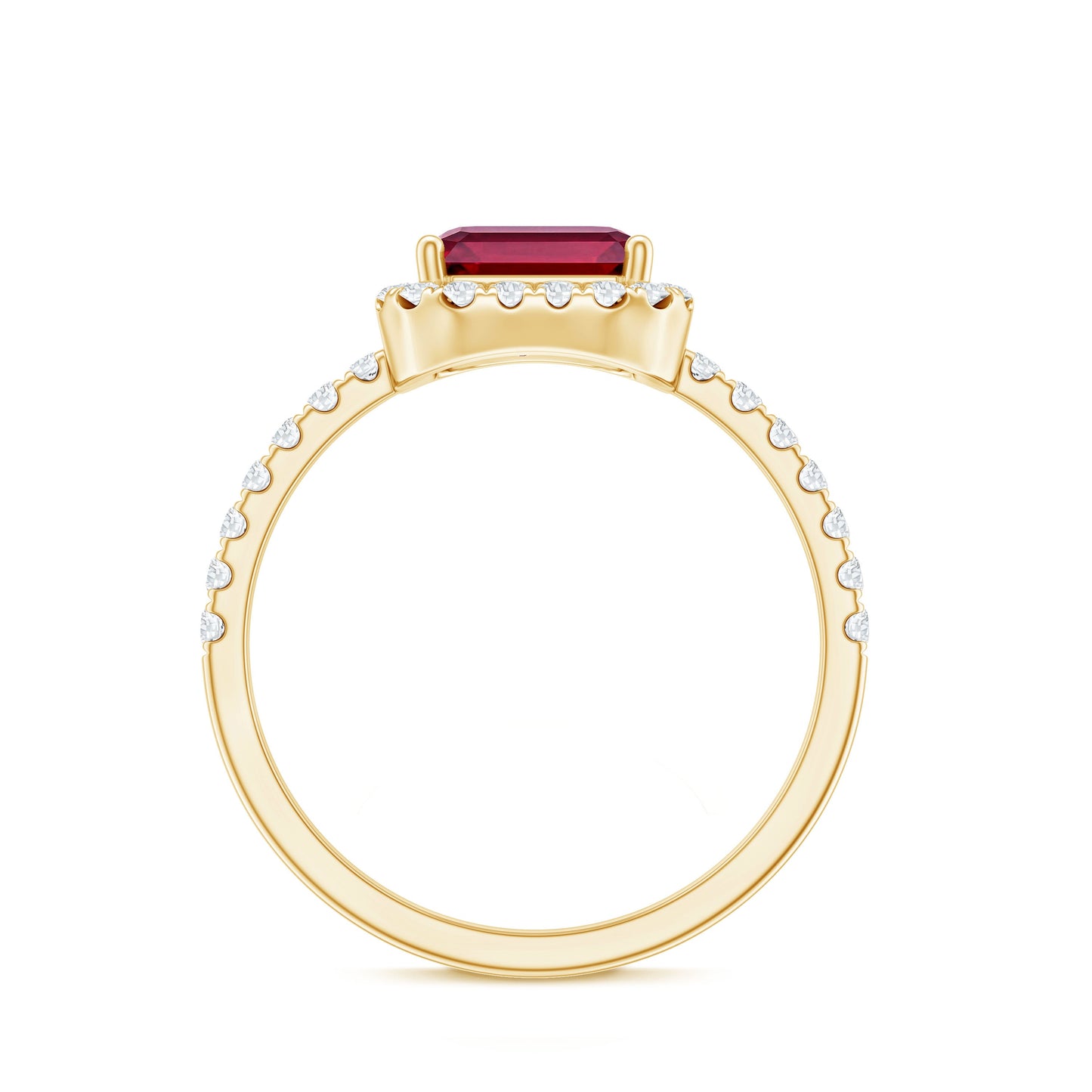 Lab Created Emerald Cut Ruby Engagement Ring with Diamond Halo