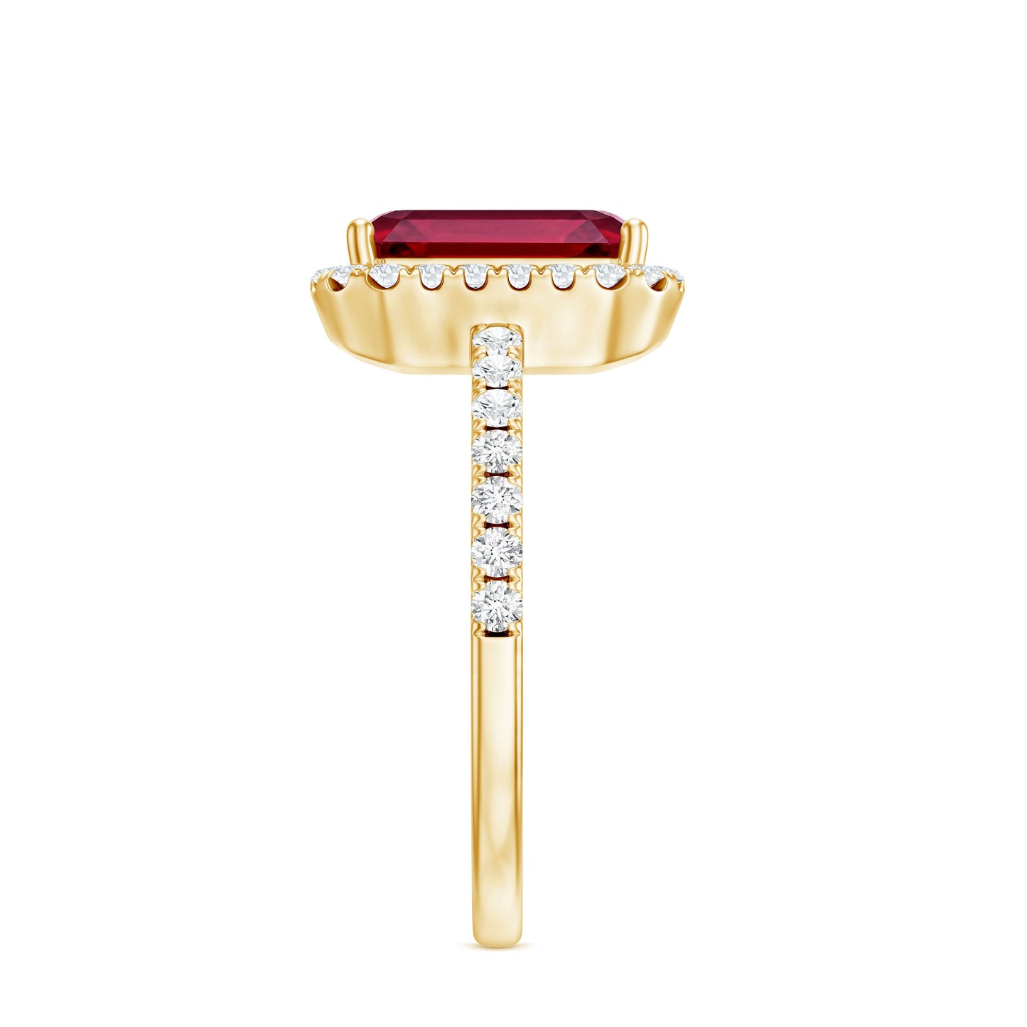 Lab Created Emerald Cut Ruby Engagement Ring with Diamond Halo