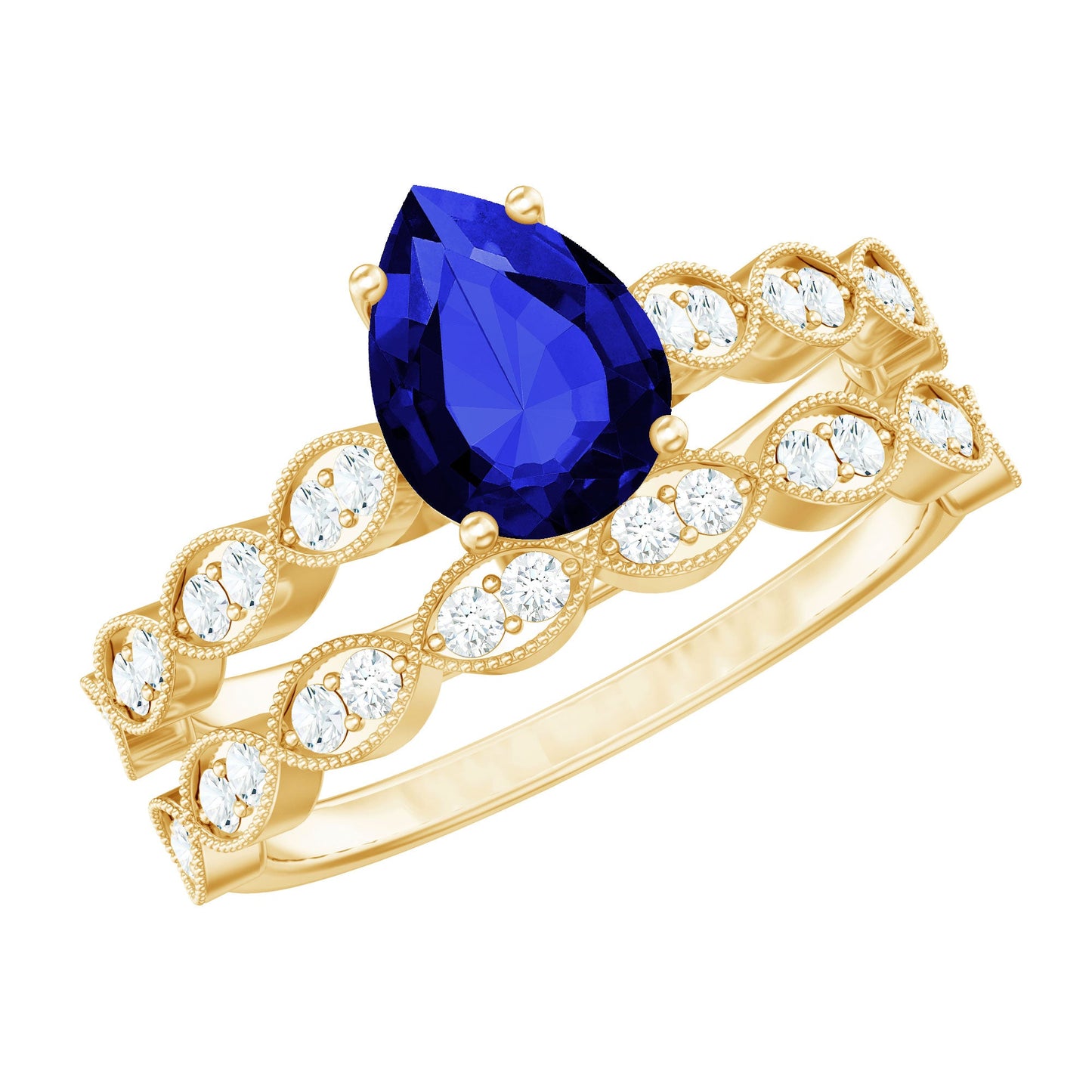 1.6 Carat Pear Lab Grown Blue Sapphire Engagement Ring with Diamond Band