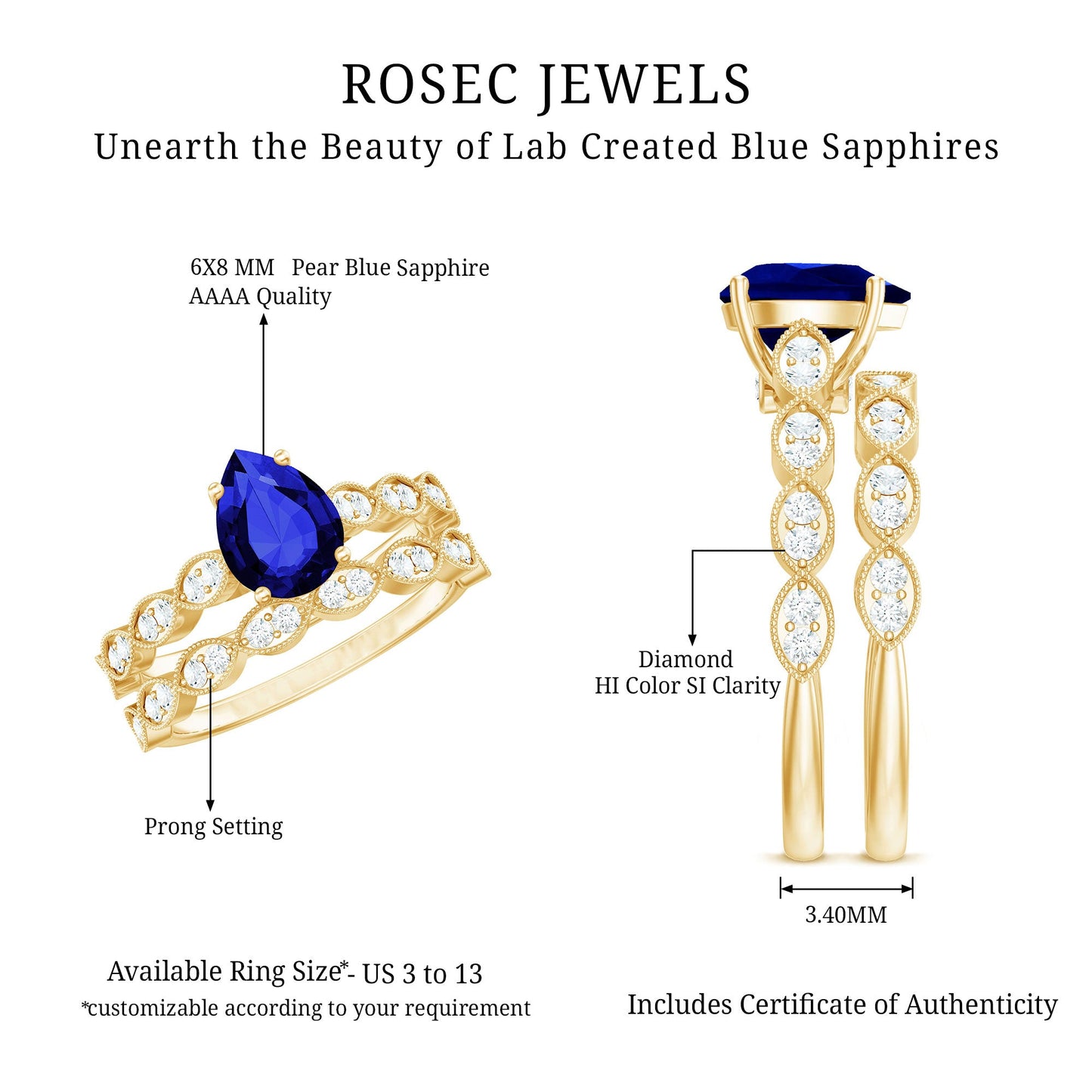 1.6 Carat Pear Lab Grown Blue Sapphire Engagement Ring with Diamond Band