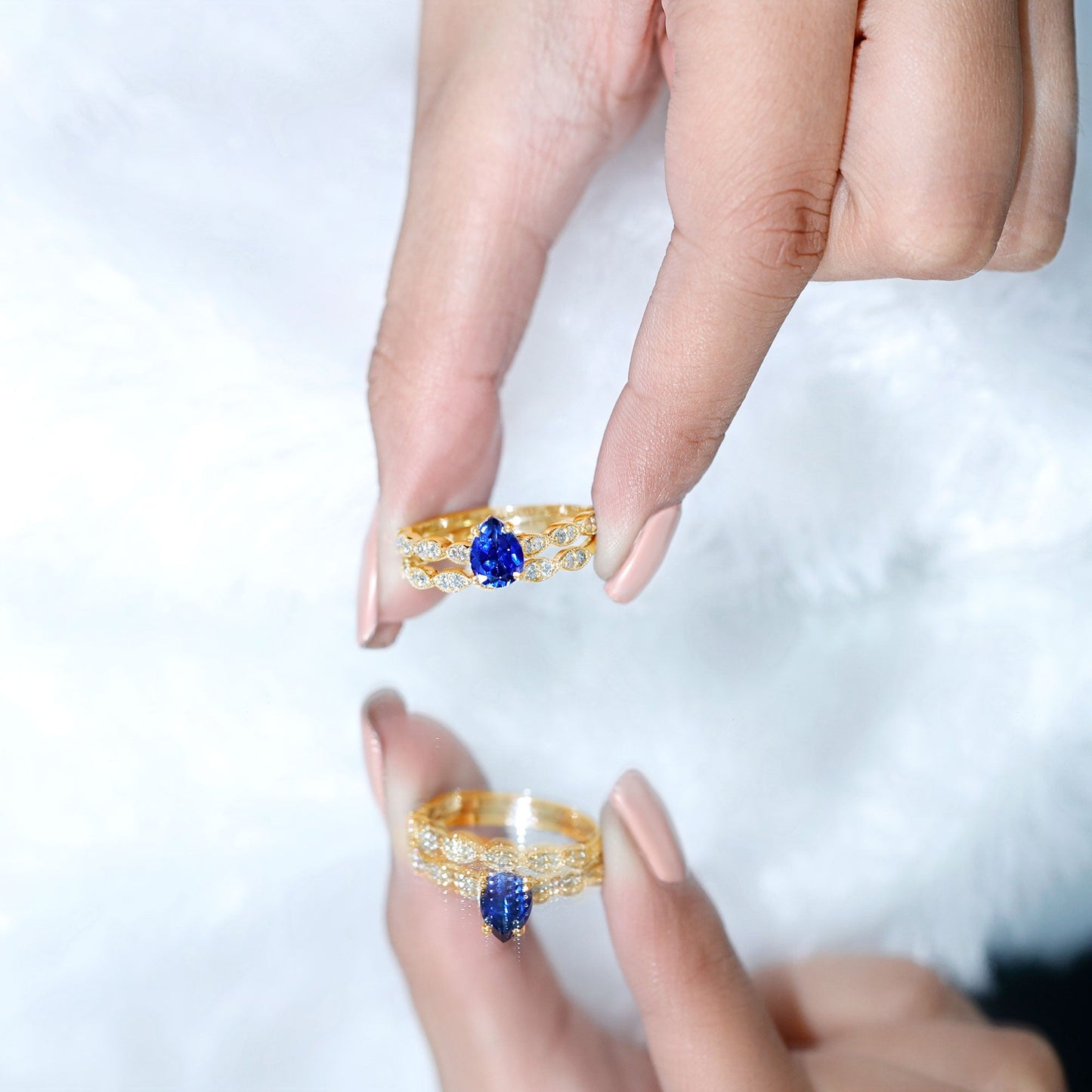1.6 Carat Pear Lab Grown Blue Sapphire Engagement Ring with Diamond Band