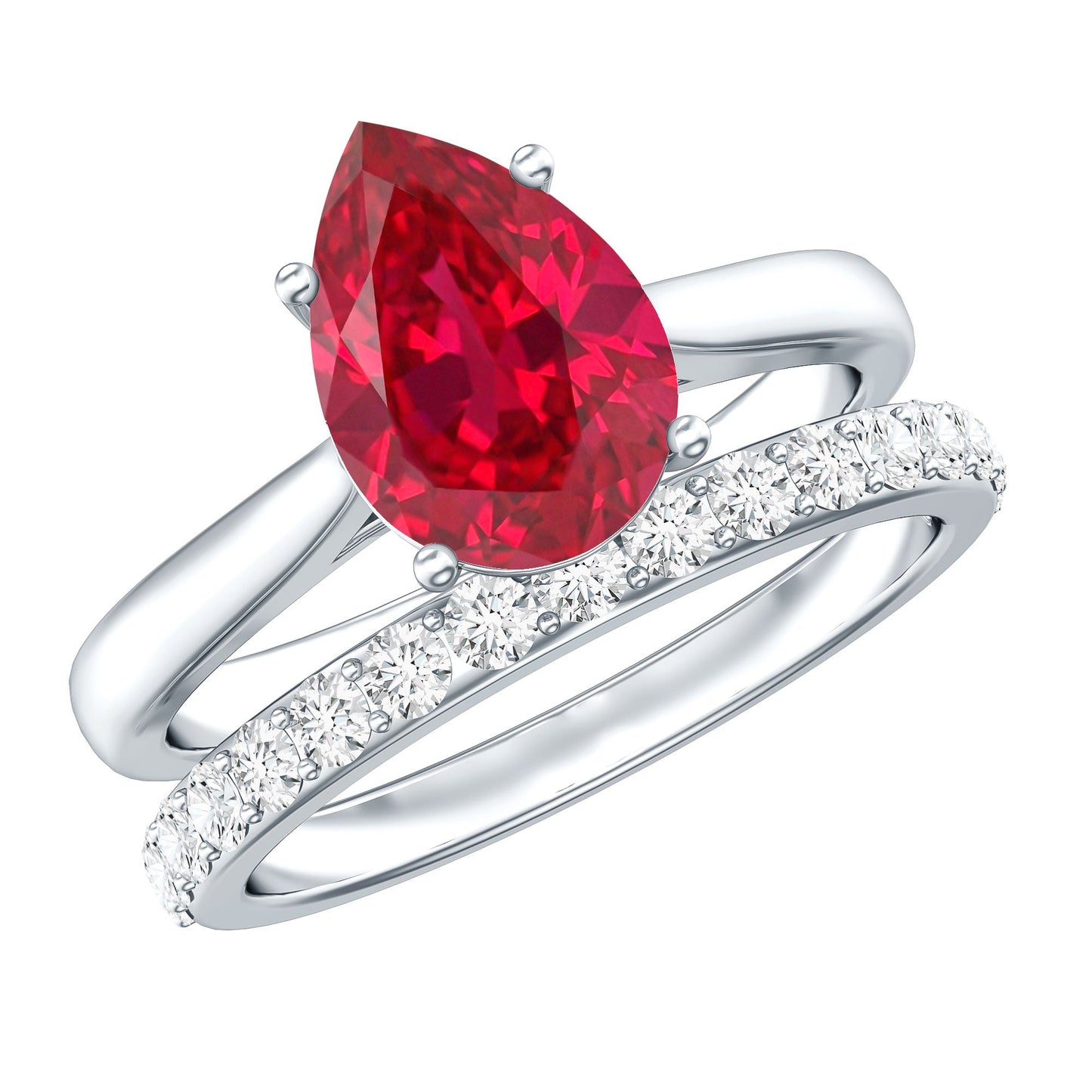 Pear Shape Created Ruby Solitaire Wedding Ring Set with Moissanite
