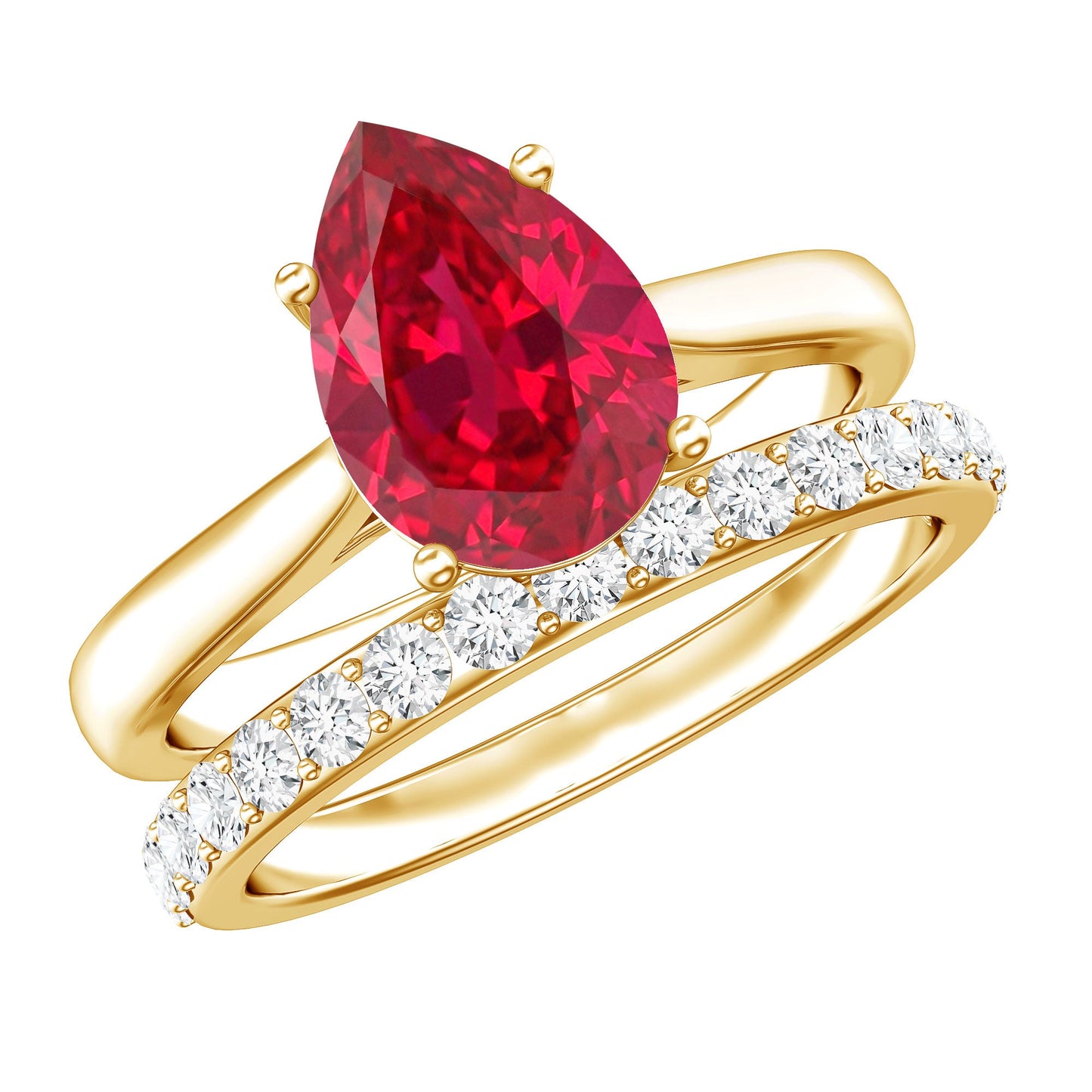 Pear Shape Created Ruby Solitaire Wedding Ring Set with Moissanite