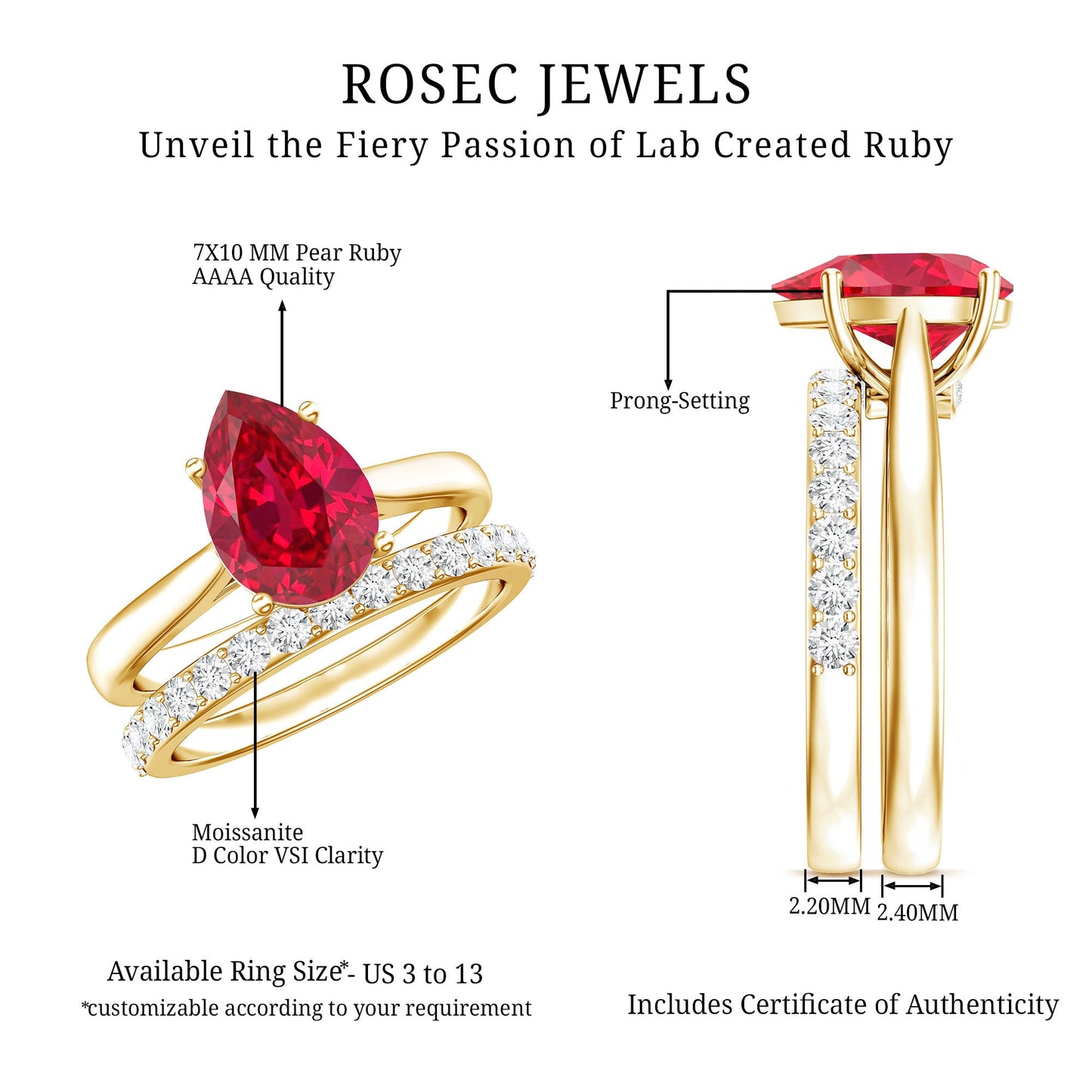 Pear Shape Created Ruby Solitaire Wedding Ring Set with Moissanite