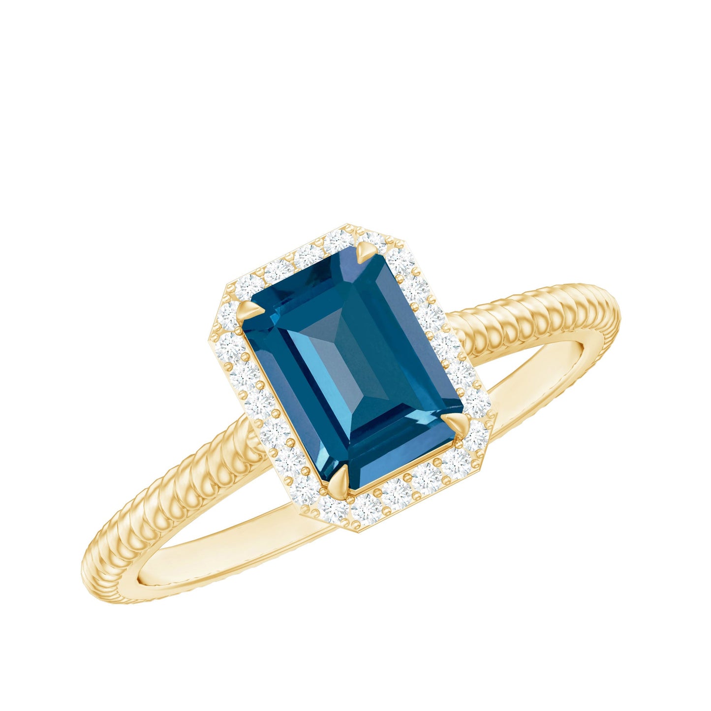 Emerald Cut Blue Topaz Engagement Ring with Diamond Halo