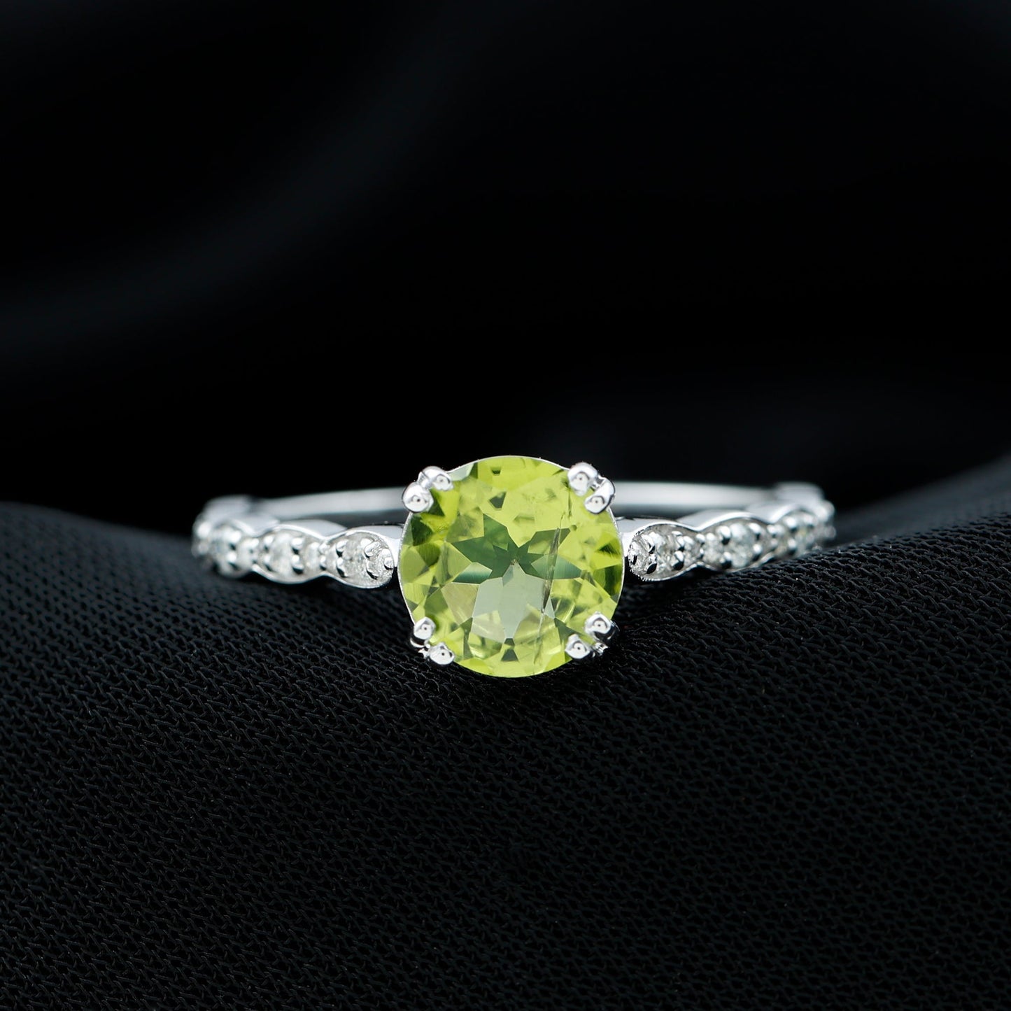 Real 2 Carat Peridot Solitaire Engagement Ring with Diamond Side Stones