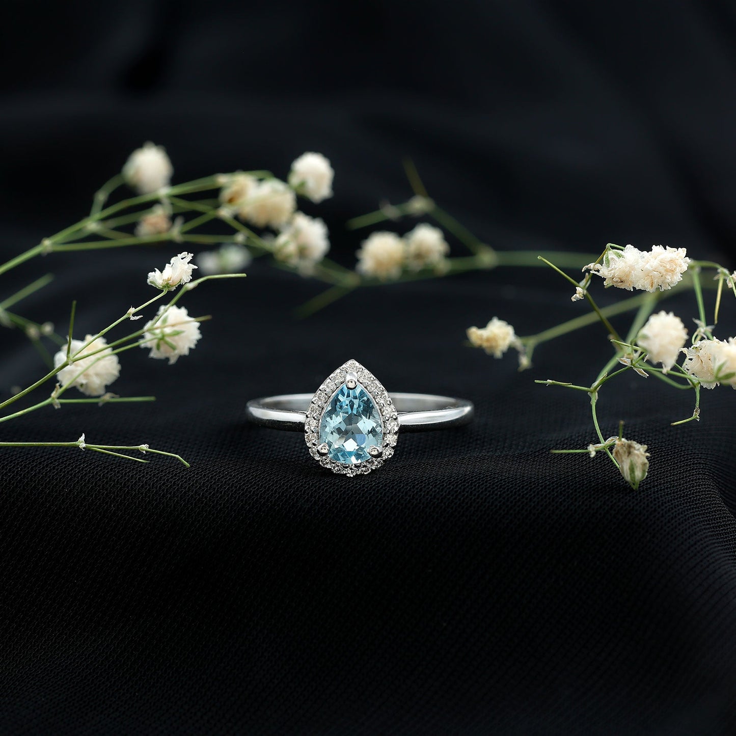 1 Carat Pear Cut Aquamarine Engagement Ring with Diamond Halo