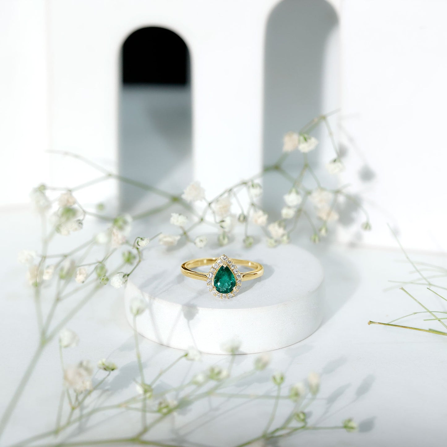 Real Emerald Teardrop Engagement Ring with Diamond Halo