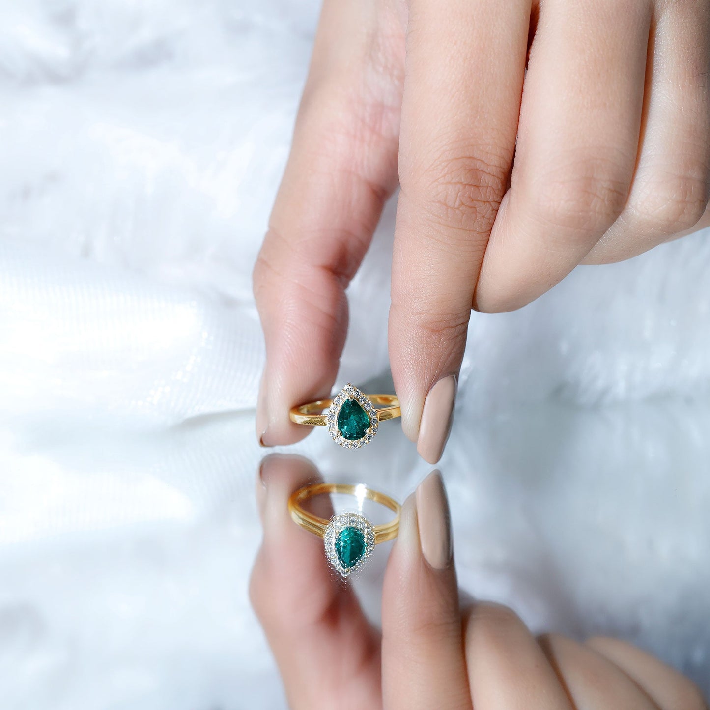 Real Emerald Teardrop Engagement Ring with Diamond Halo
