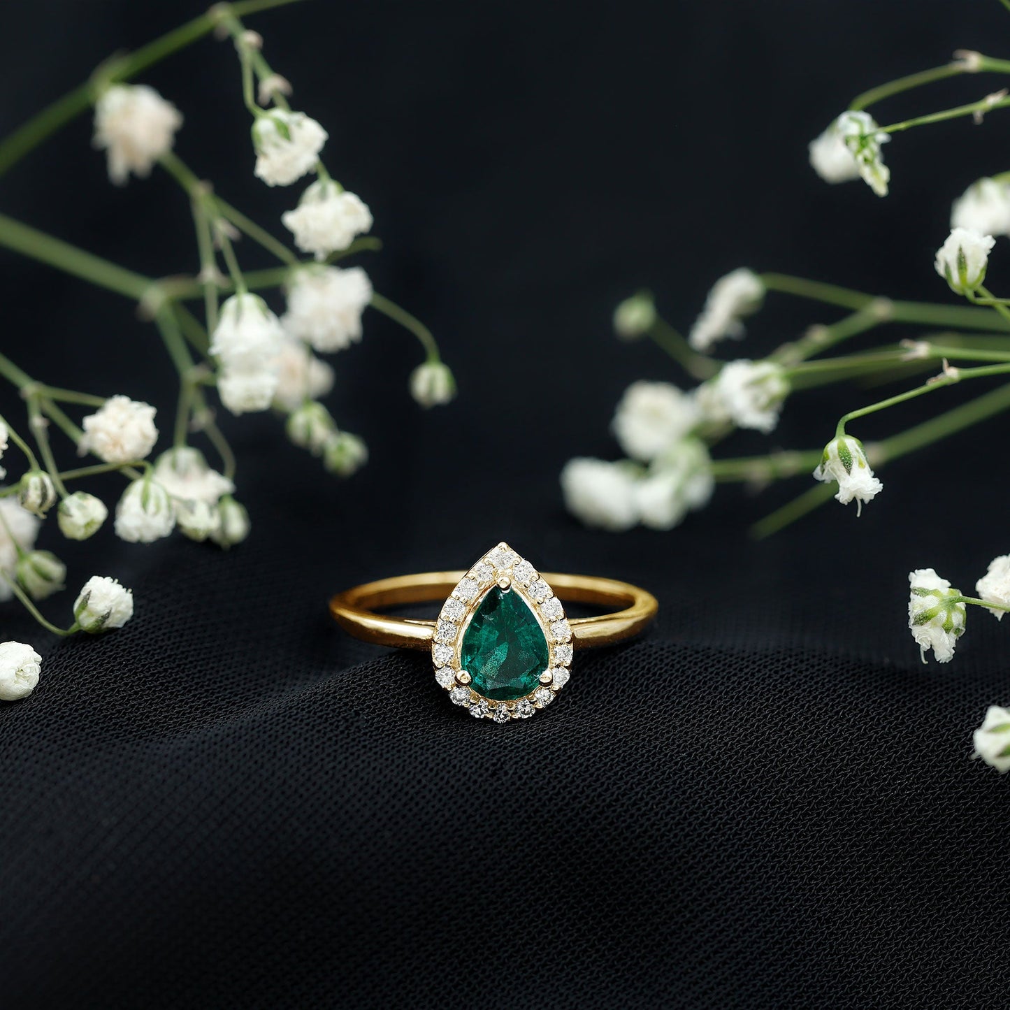 Real Emerald Teardrop Engagement Ring with Diamond Halo