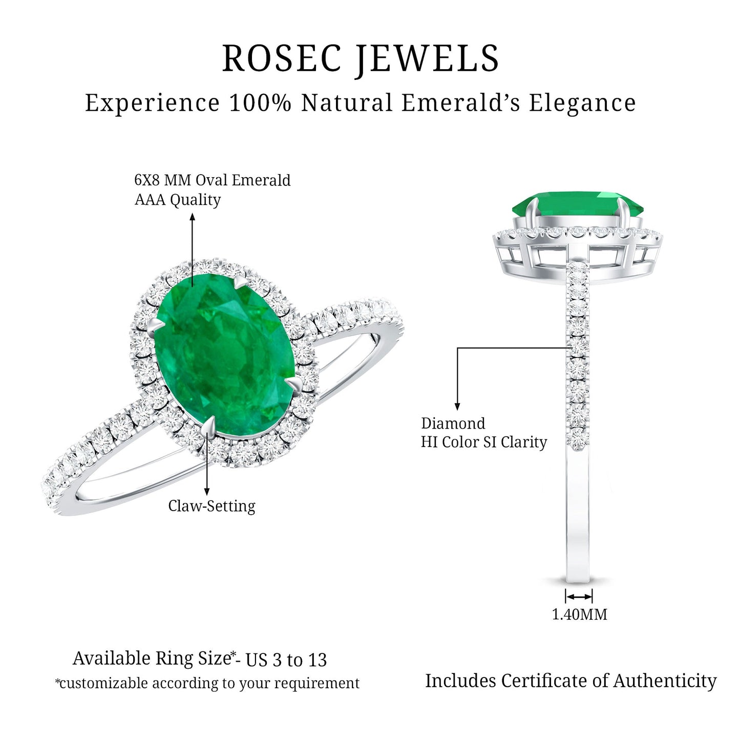 Genuine 6X8MM Oval Emerald Engagement Ring with Diamond Halo