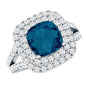 Real 8mm Cushion Cut London Blue Topaz Double Halo Engagement Ring with Moissanite