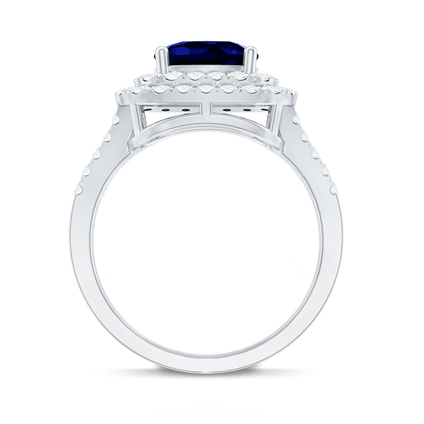 2.7 Carat Cushion Cut Lab Grown Blue Sapphire Engagement Ring with Double Halo