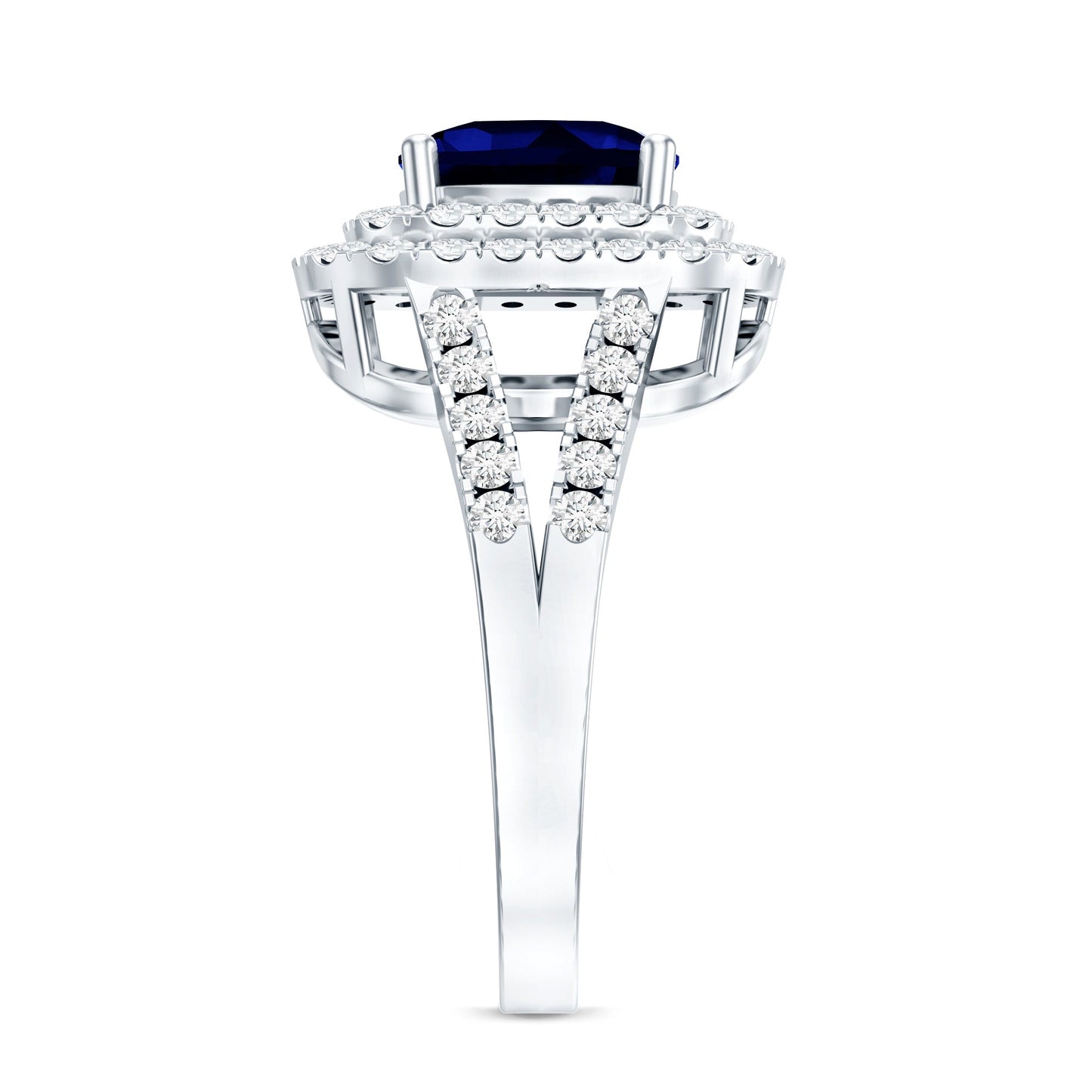 2.7 Carat Cushion Cut Lab Grown Blue Sapphire Engagement Ring with Double Halo