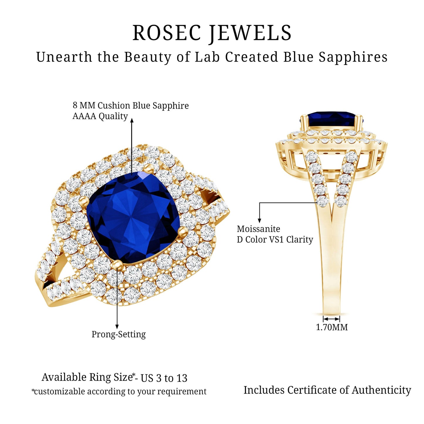 2.7 Carat Cushion Cut Lab Grown Blue Sapphire Engagement Ring with Double Halo