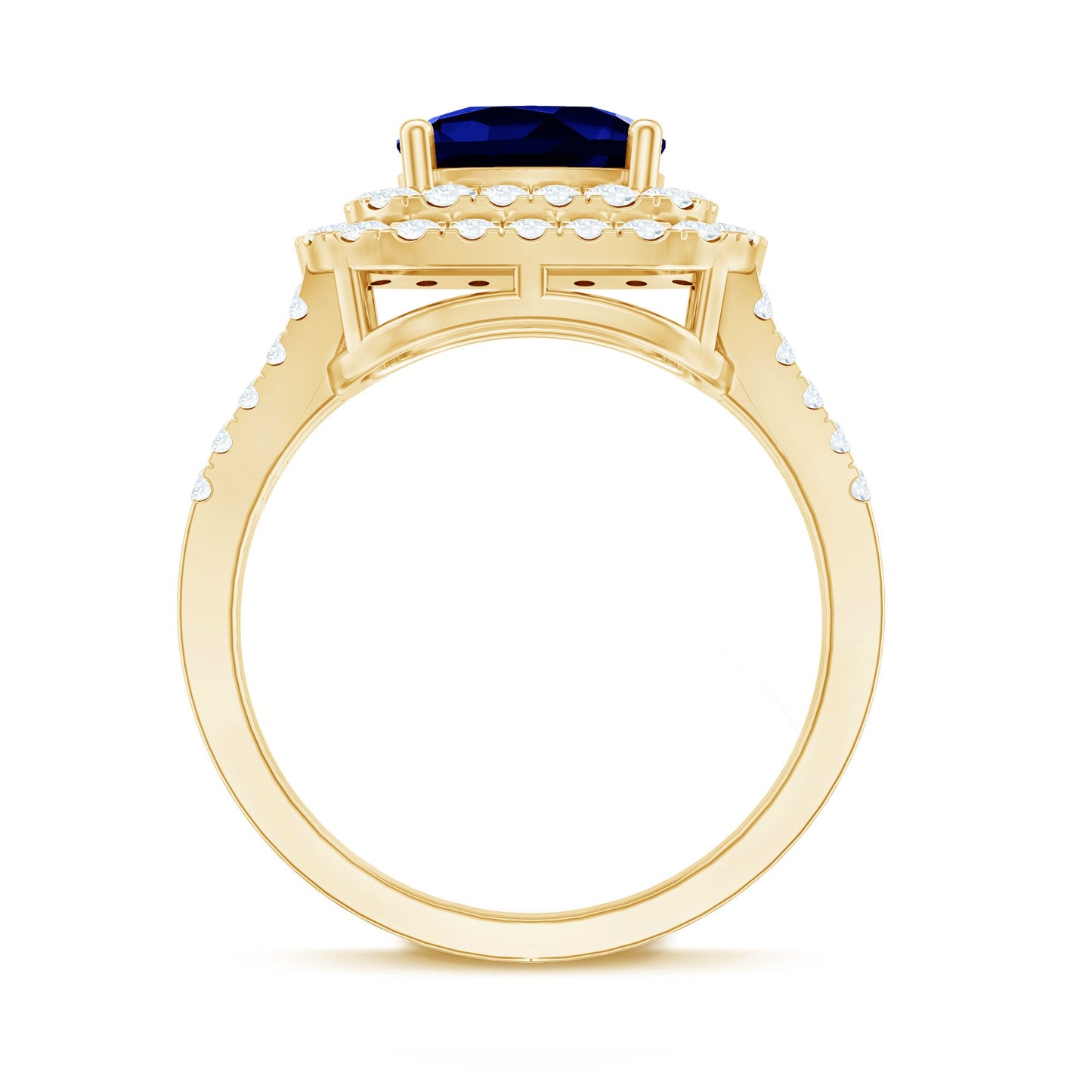 2.7 Carat Cushion Cut Lab Grown Blue Sapphire Engagement Ring with Double Halo