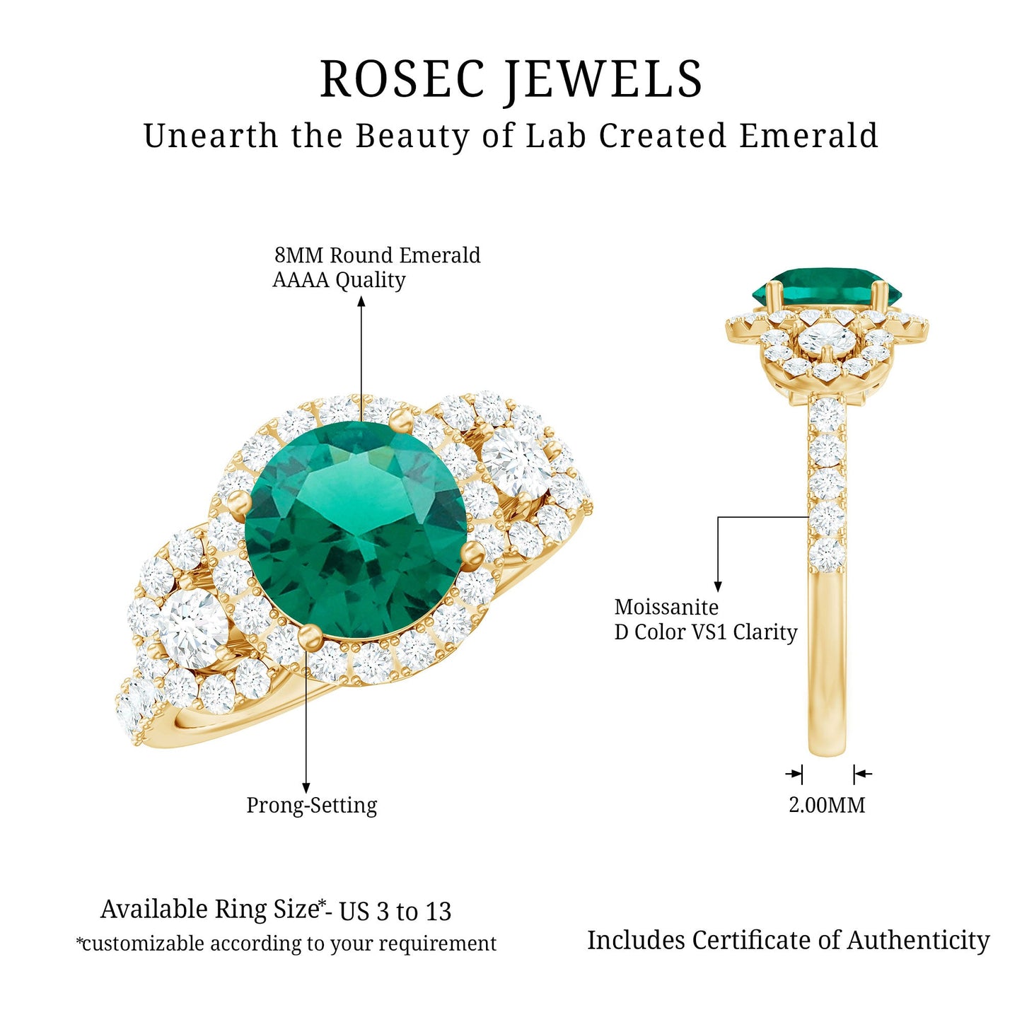 Certified 2 Carat Lab Grown Emerald Vintage Looking Engagement Ring with Moissanite