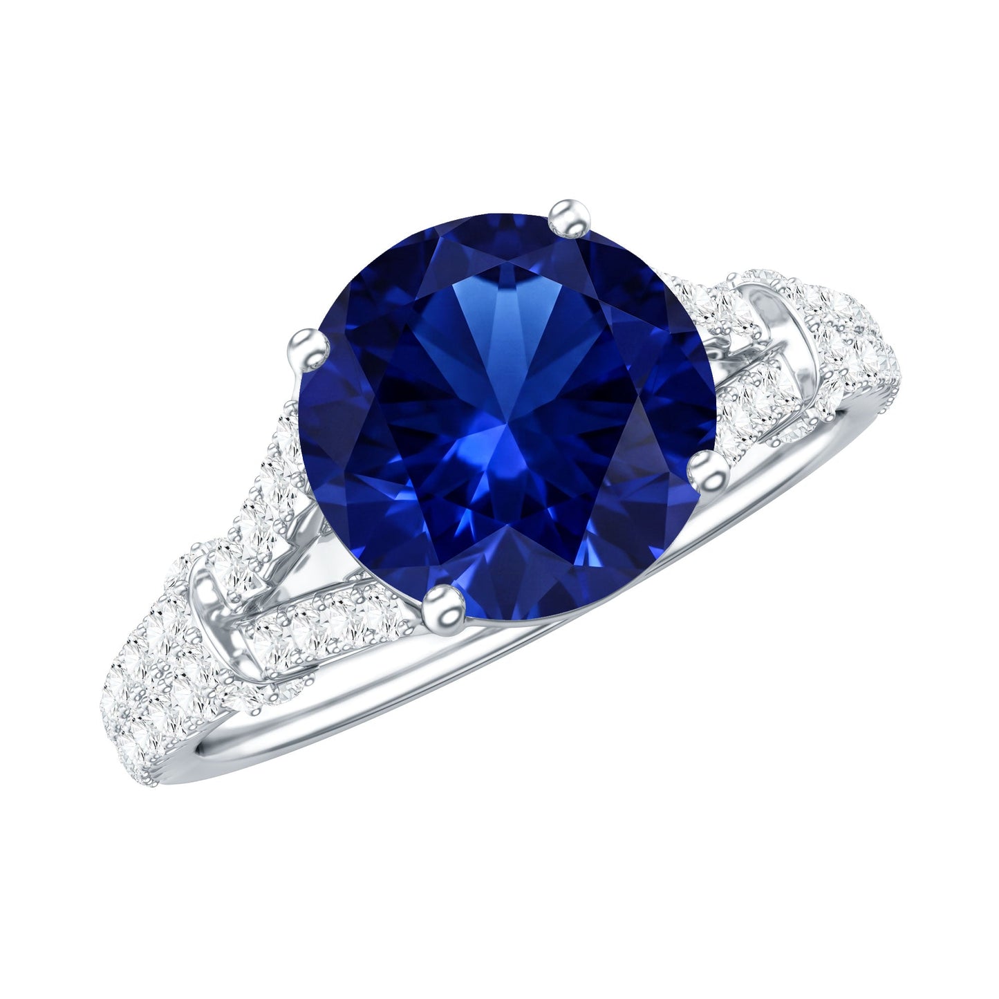 Certified 2.7 Carat Lab Grown Blue Sapphire Engagement Ring with Diamond Split Shank