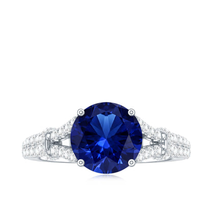 Certified 2.7 Carat Lab Grown Blue Sapphire Engagement Ring with Diamond Split Shank