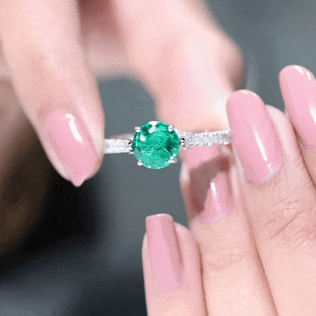 Lab Created Emerald Solitaire Engagement Ring with Diamond Side Stones
