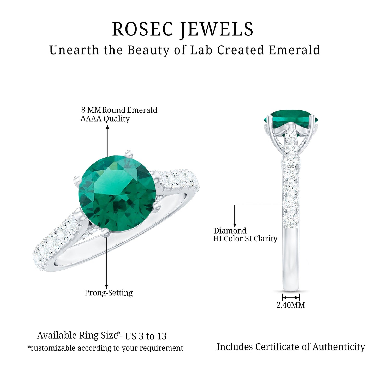 Lab Created Emerald Solitaire Engagement Ring with Diamond Side Stones